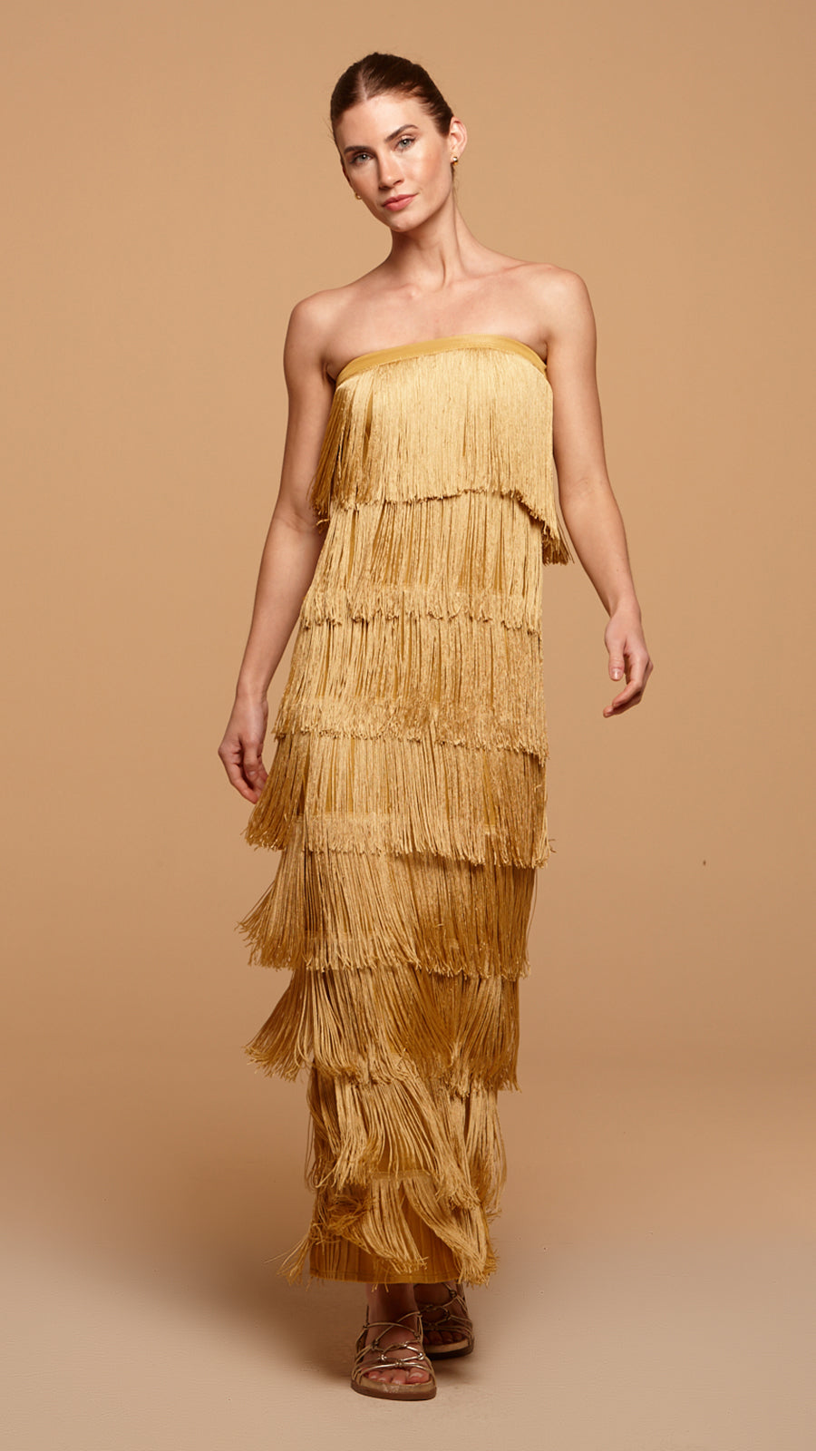 vestido tomara que caia fleurs fringes