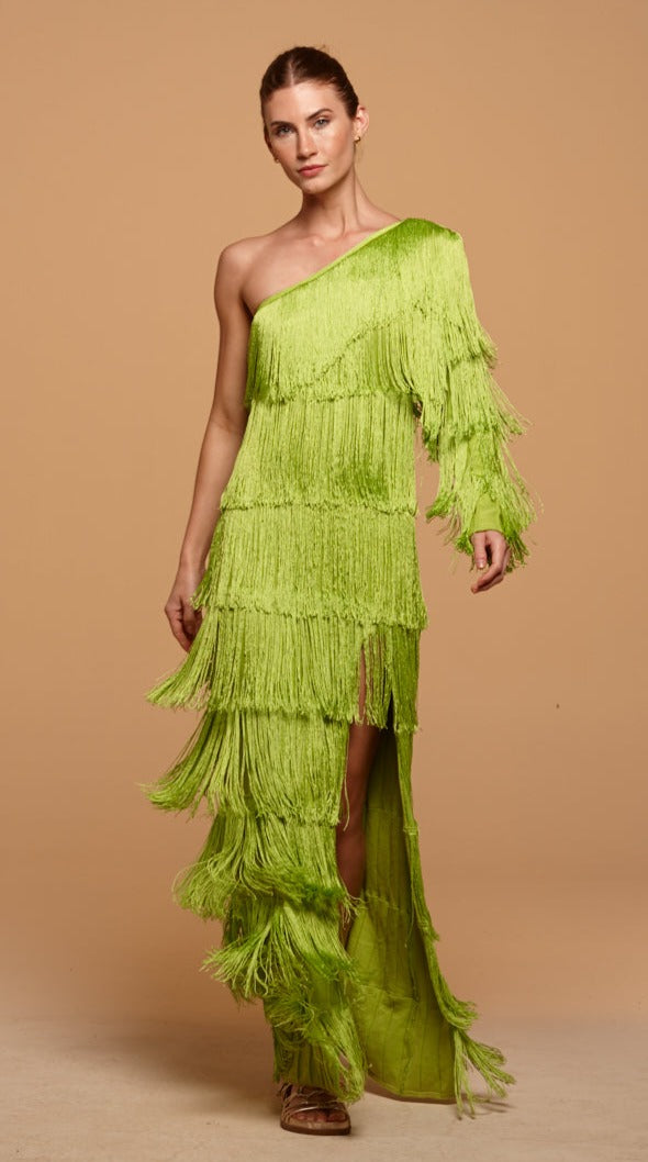 vestido longo ombro fleurs fringes