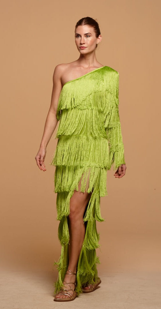 vestido longo ombro fleurs fringes