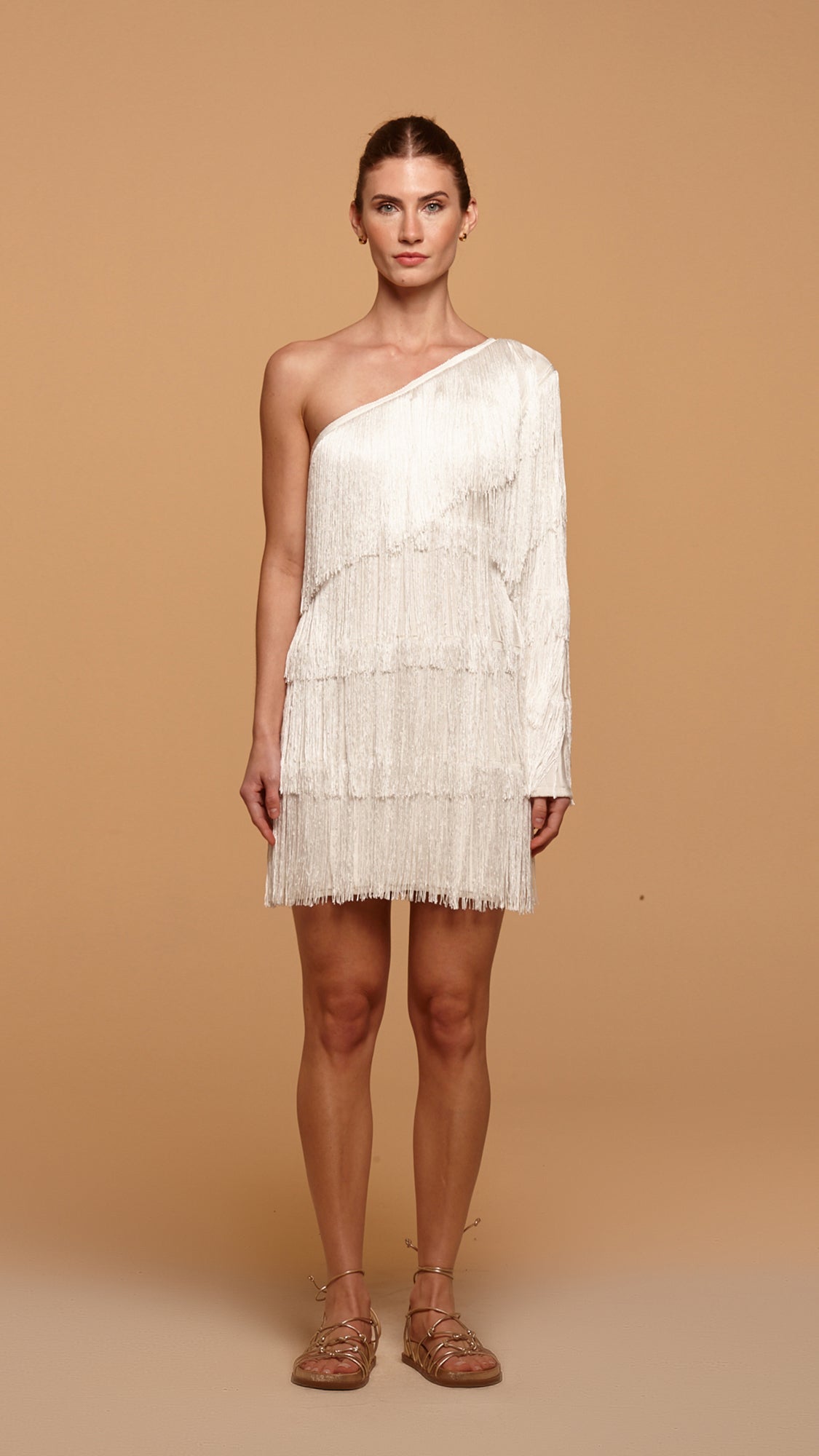 vestido mini ombro fleurs fringes