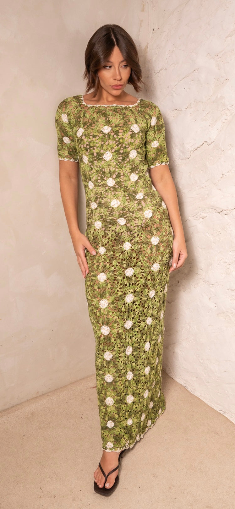 vestido longo crochê poa verde