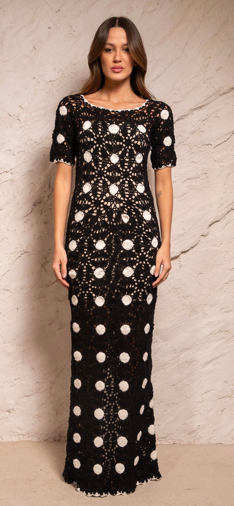 vestido longo crochê poa