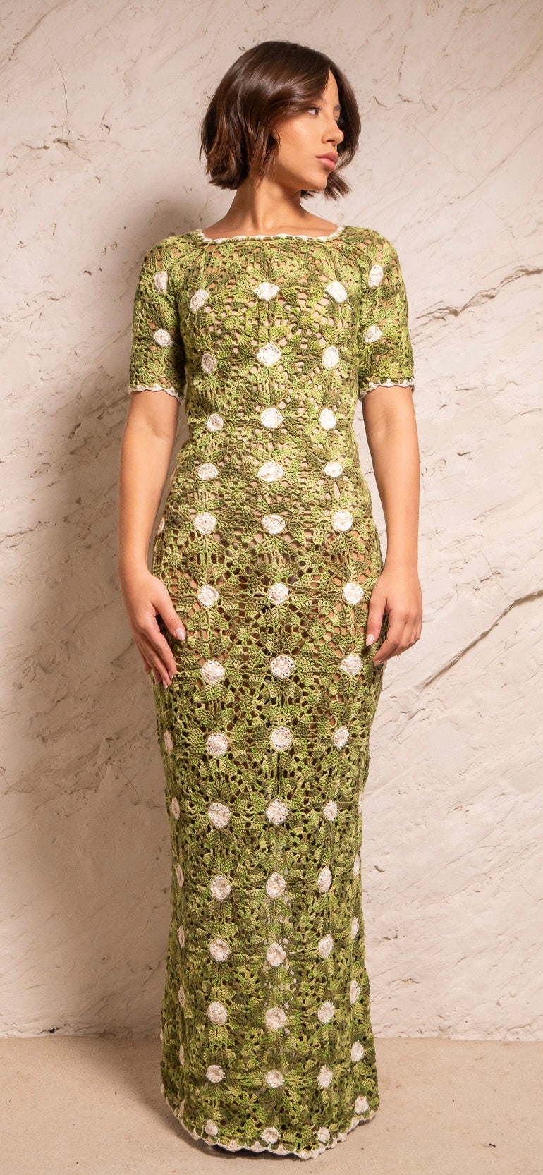 vestido longo crochê poa verde